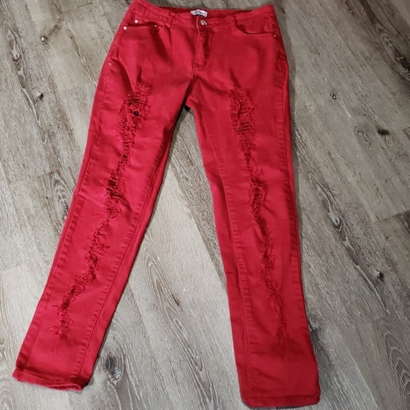 red destroyed jeans
